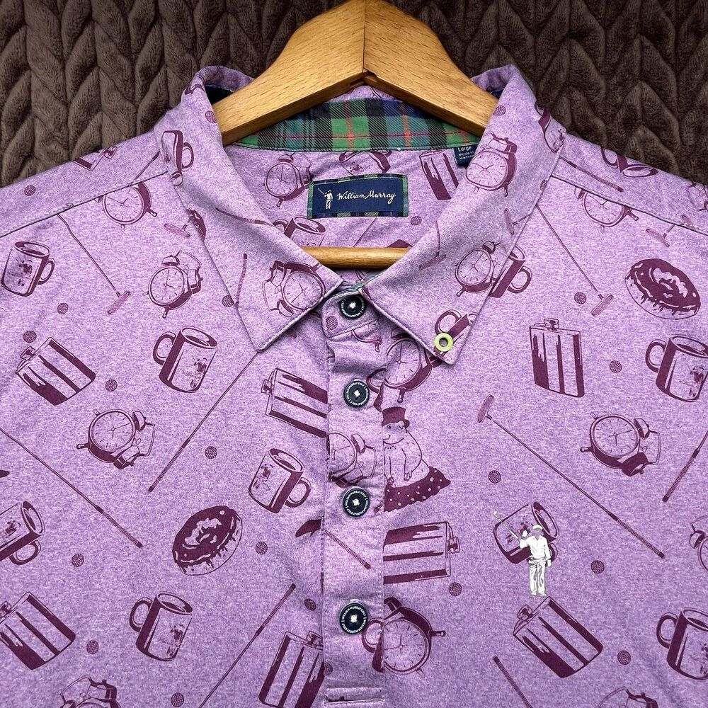 William Murray Golf Polo Shirt Men's L Purple Groundhog Day Alarm Donut Flask
